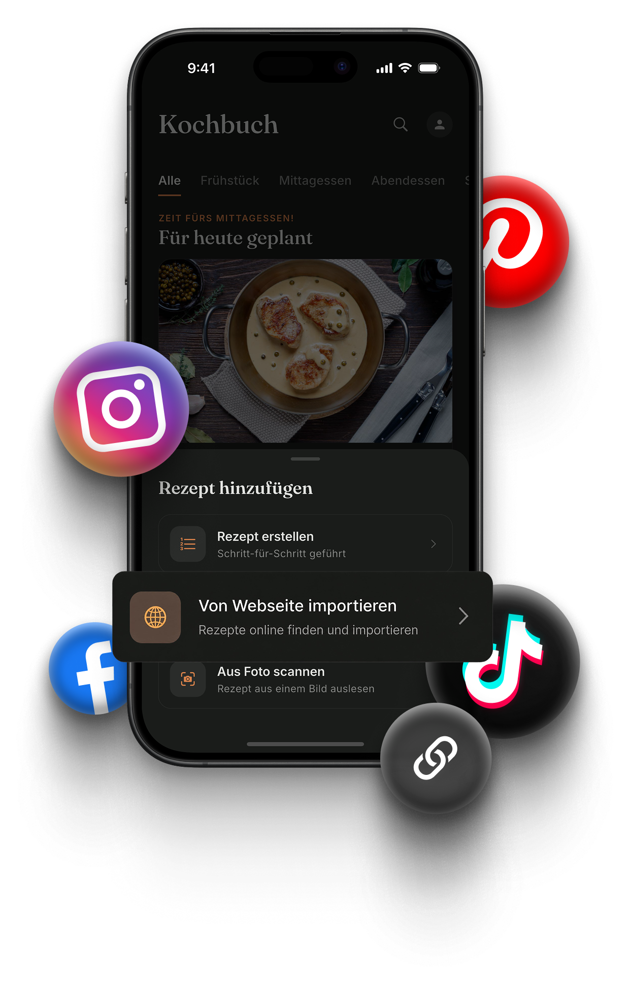 Ein Rezept aus einem TikTok-Video wird über das Teilen-Menü in Meally importiert.