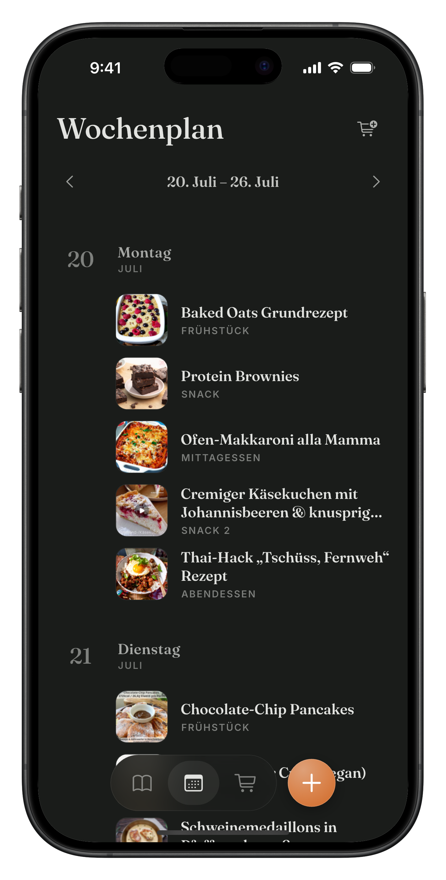 Wochenplaner in Meally mit Slots für Frühstück, Mittag, Abendessen und Snacks an jedem Tag.