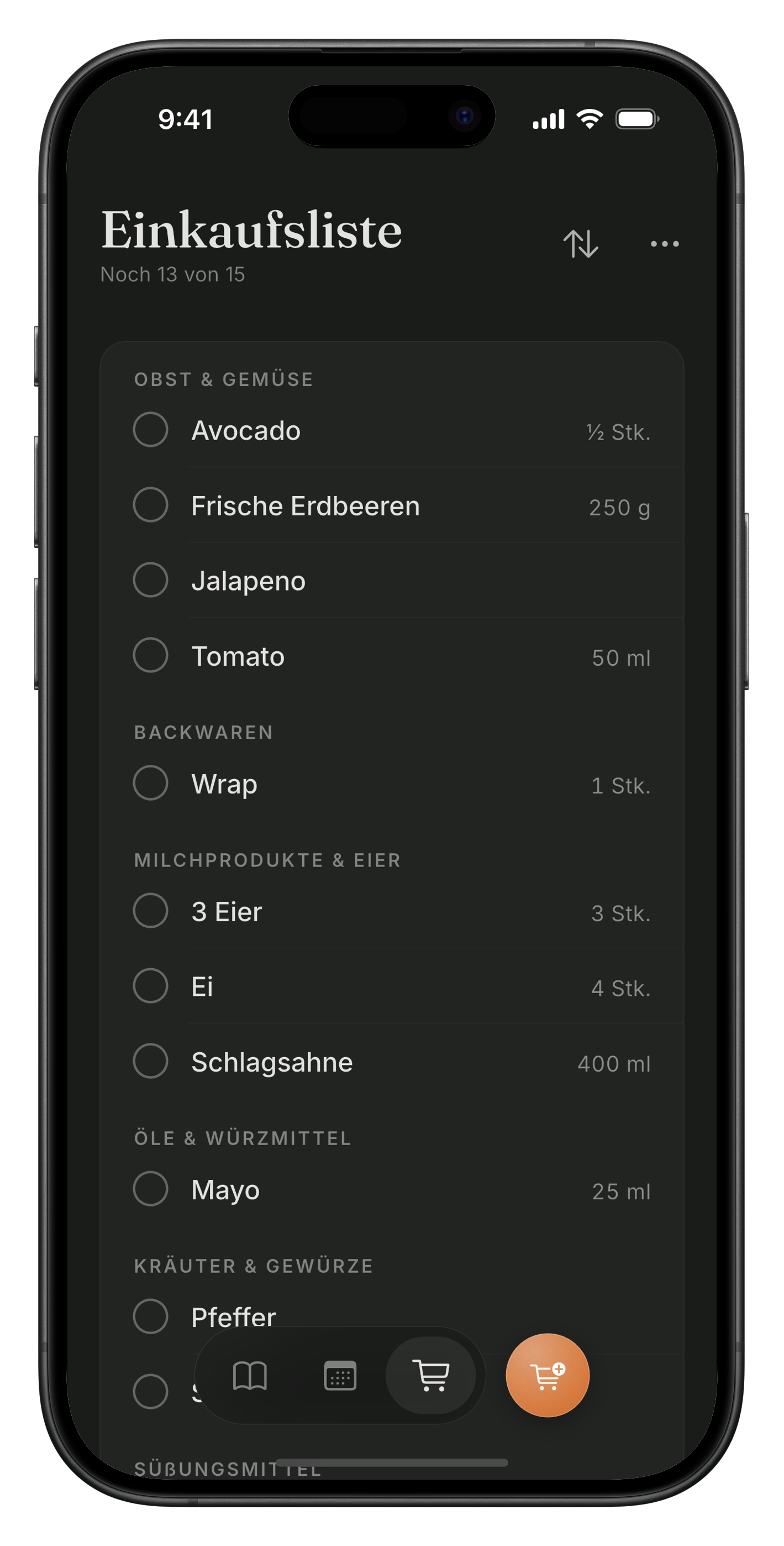 Intelligente Einkaufsliste in Meally, automatisch aus dem Wochenplan erstellt und nach Kategorien sortiert.