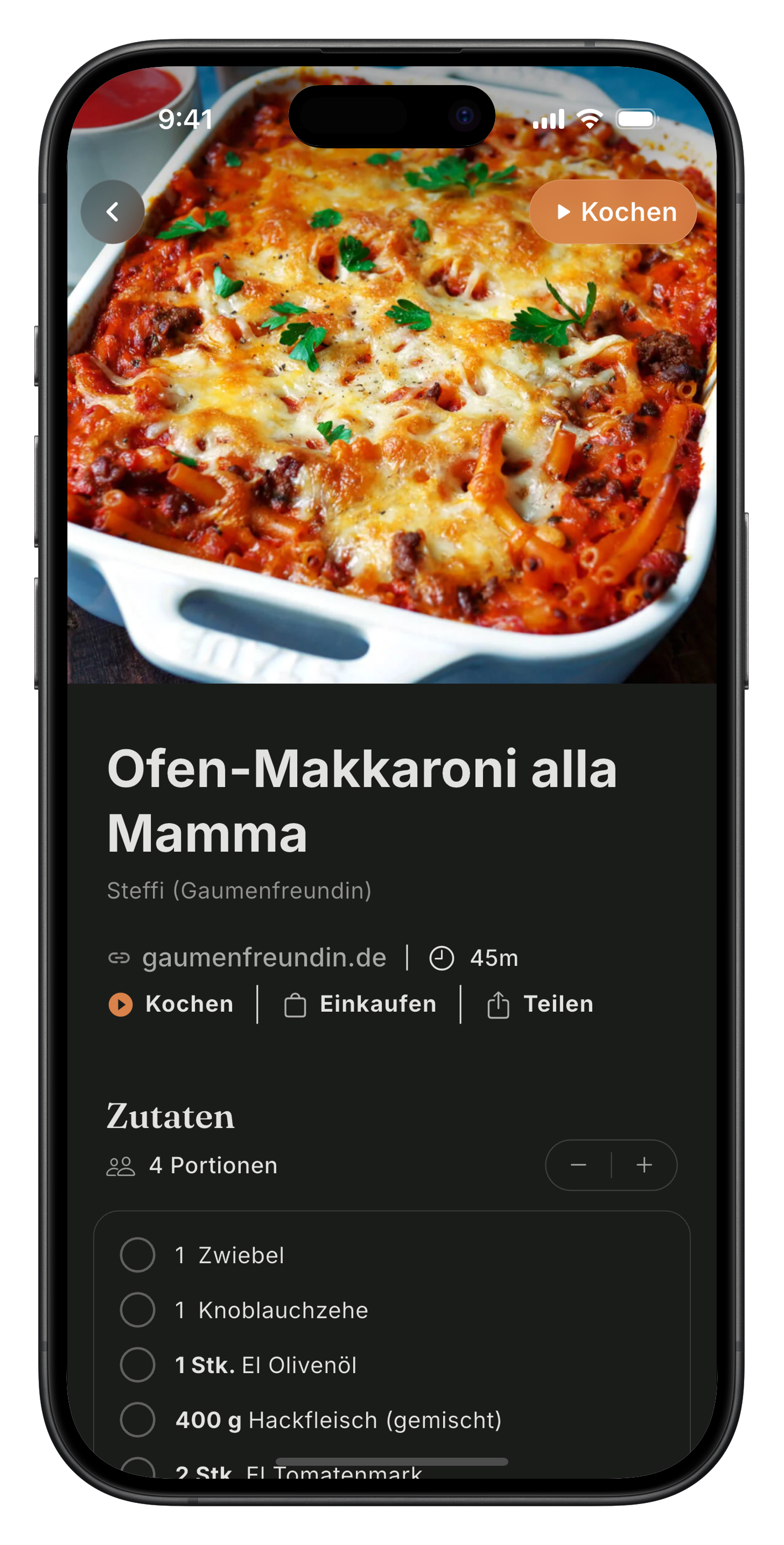 Ablenkungsfreier Kochmodus in Meally mit Schritt-für-Schritt-Anleitung und abhakbaren Zutaten.