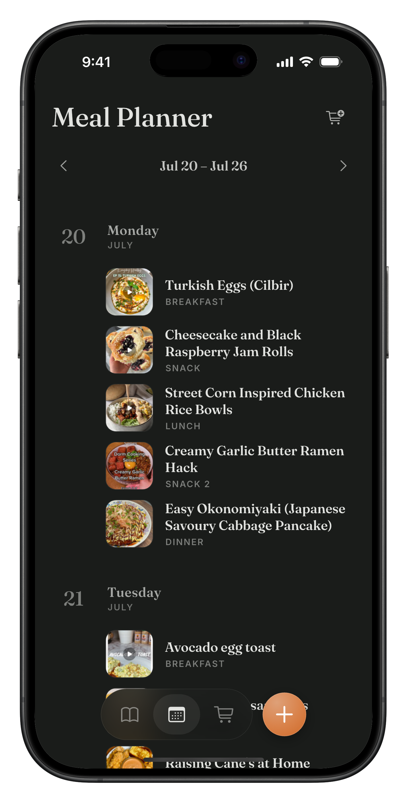 Weekly meal planner in Meally with breakfast, lunch, dinner, and snacks slots for each day.