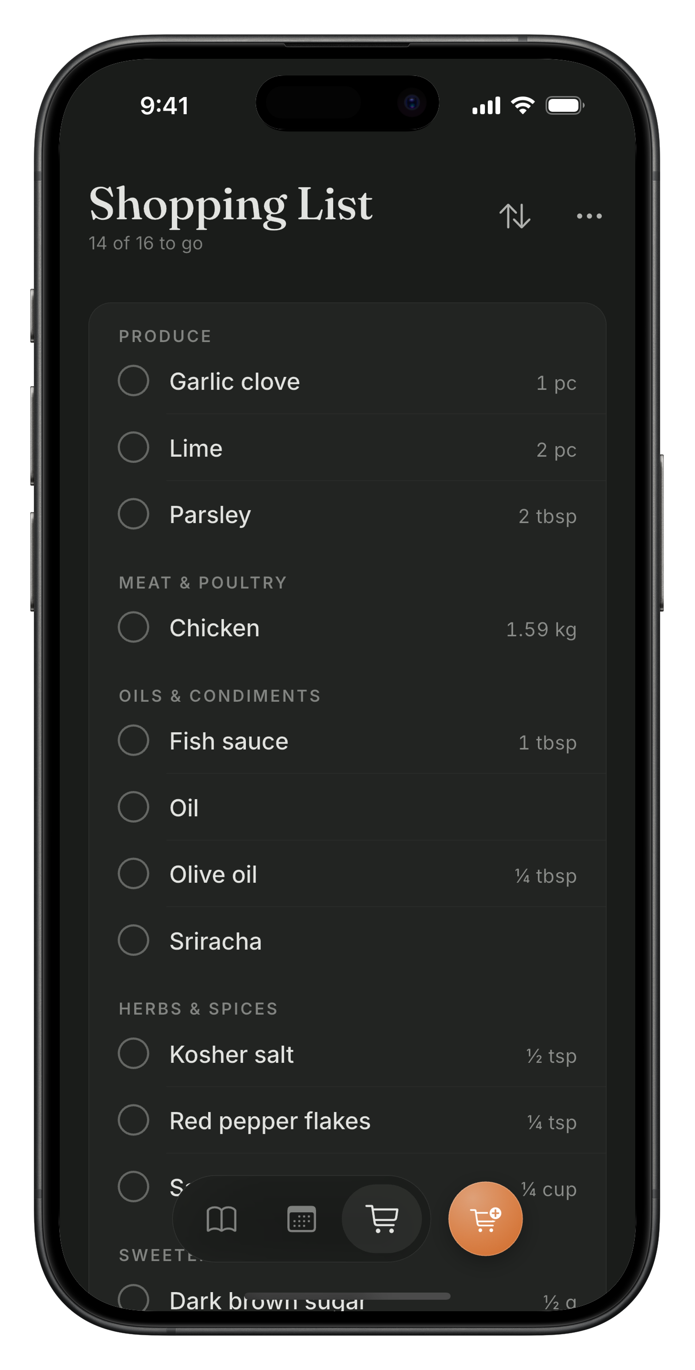 Smart shopping list in Meally, auto-built from the meal plan and grouped by grocery aisle.