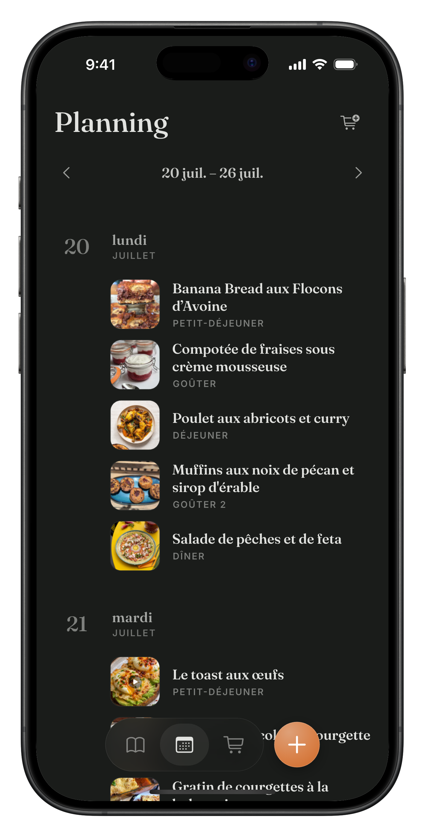 Planificateur de repas dans Meally avec des créneaux pour le petit-déjeuner, le déjeuner, le dîner et les en-cas chaque jour.