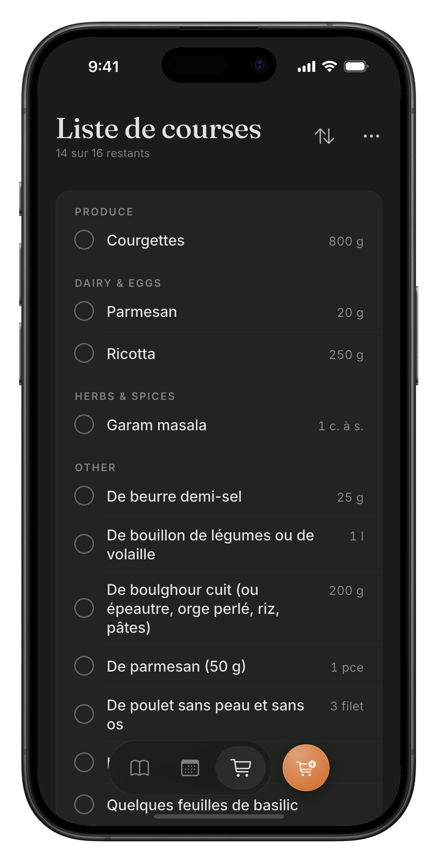 Liste de courses intelligente dans Meally, créée automatiquement à partir du planning de la semaine et classée par rayon.