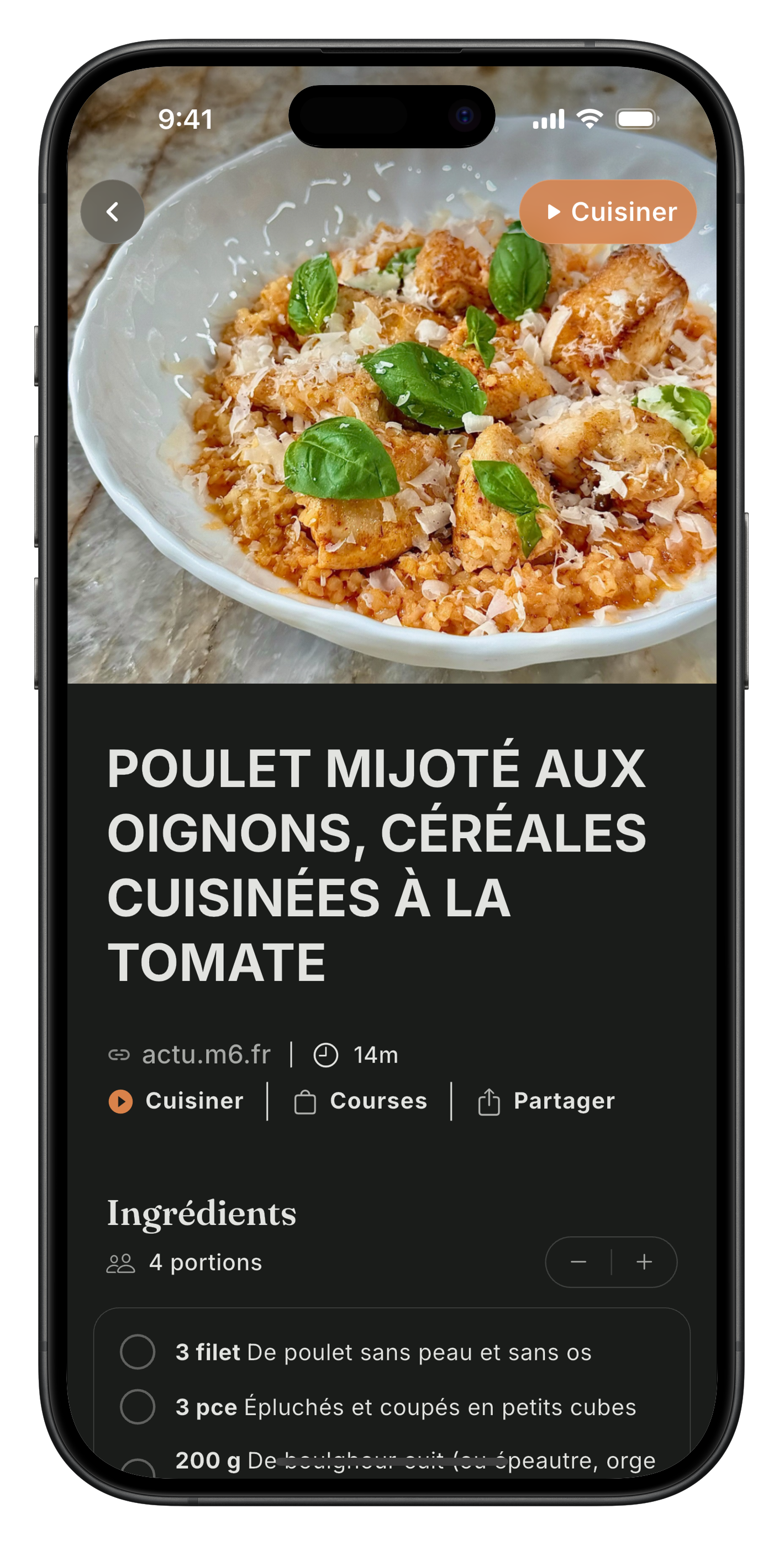 Mode cuisson sans distraction dans Meally, avec instructions étape par étape et ingrédients à cocher.