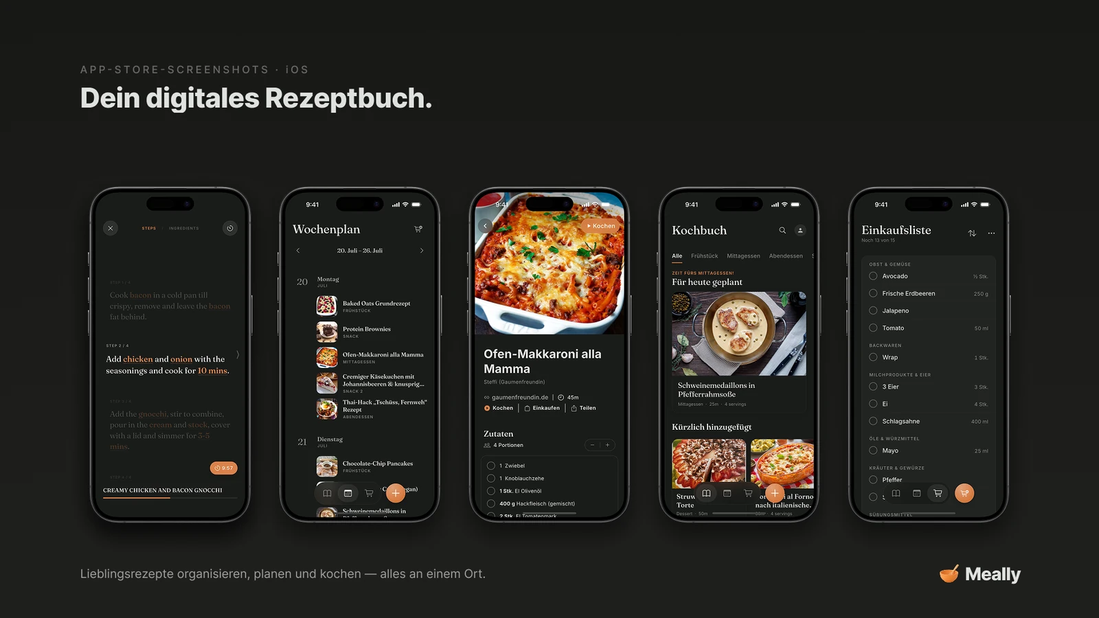 Fünf Bildschirme von Meally: Kochmodus, Wochenplan, Rezept, Kochbuch und Einkaufsliste.