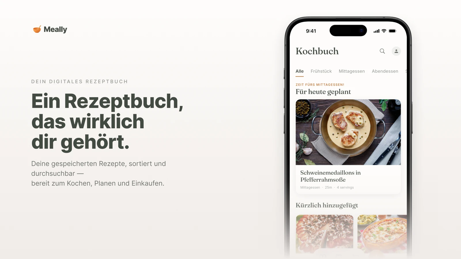 Das digitale Kochbuch in Meally mit allen gespeicherten Rezepten.