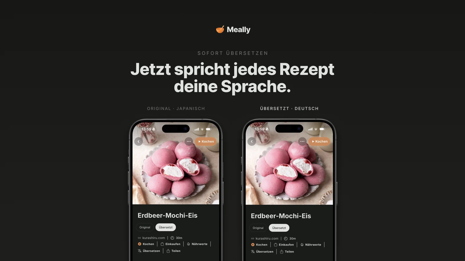Rezept-Übersetzung in Meally: ein internationales Rezept automatisch auf Deutsch.